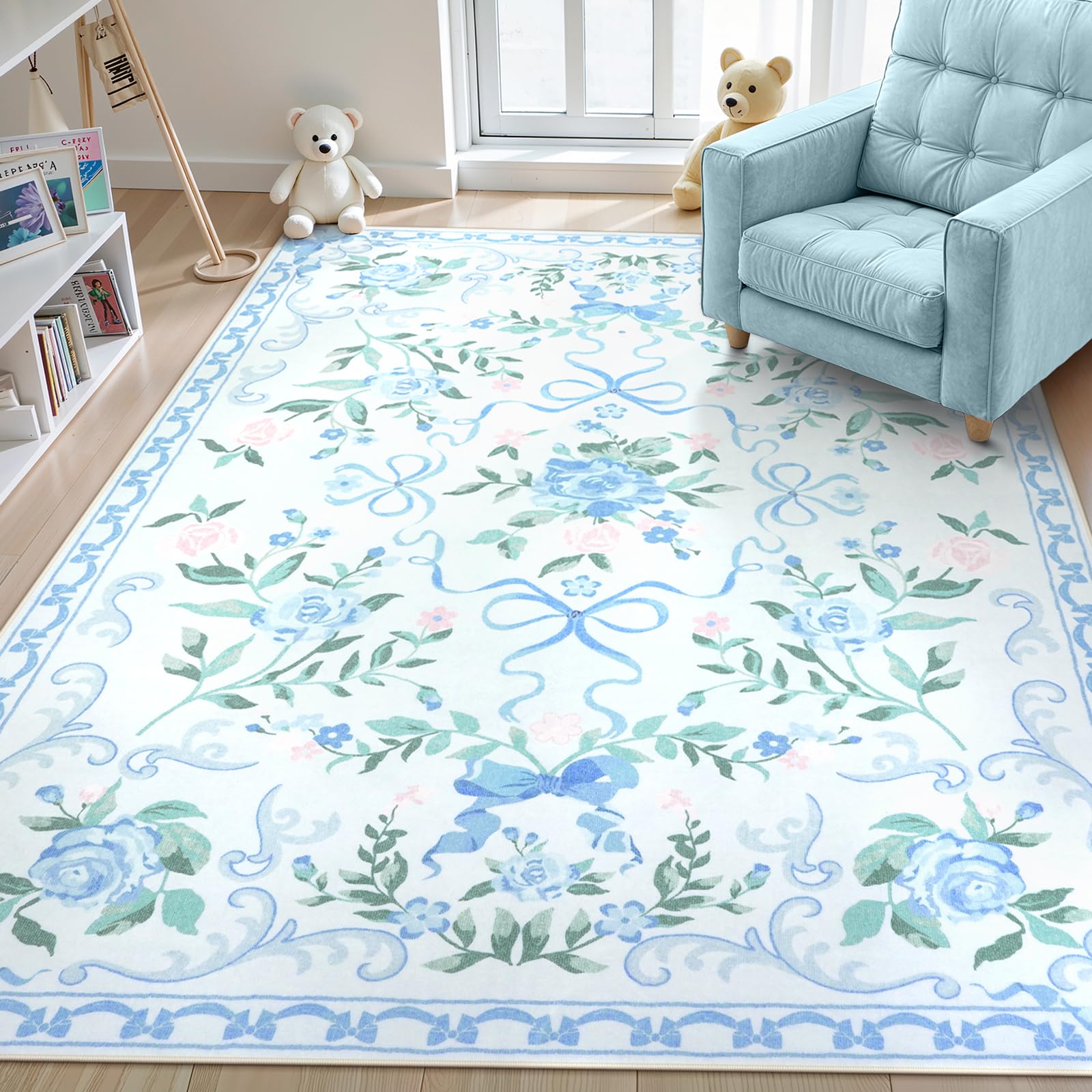 Photo 1 of Collive 6x9 Blue Area Rug, Boho Bow and Floral Rugs for Living Room Machine Washable, Soft Ultra-Thin Bow Carpet Non Slip for Girls Room Bedroom Entryway Playroom