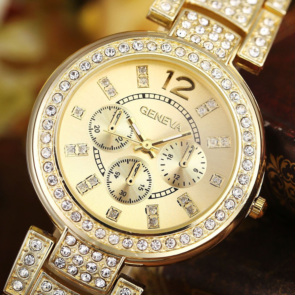 Top Plaza Women Luxury Fashion Gold Tone Bracelet Analog Watch Rhinestone Crystals Accented Metal Quartz Watch With Decorative Chronograph