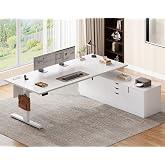 SEDETA 71" Executive Large L Shaped Electric Standing Desk, White | Height Adjustable Executive Desk with 3 Drawers and Cabinet,Sit Stand Up Home Office Desk with Power Outlets &amp; Side Hook