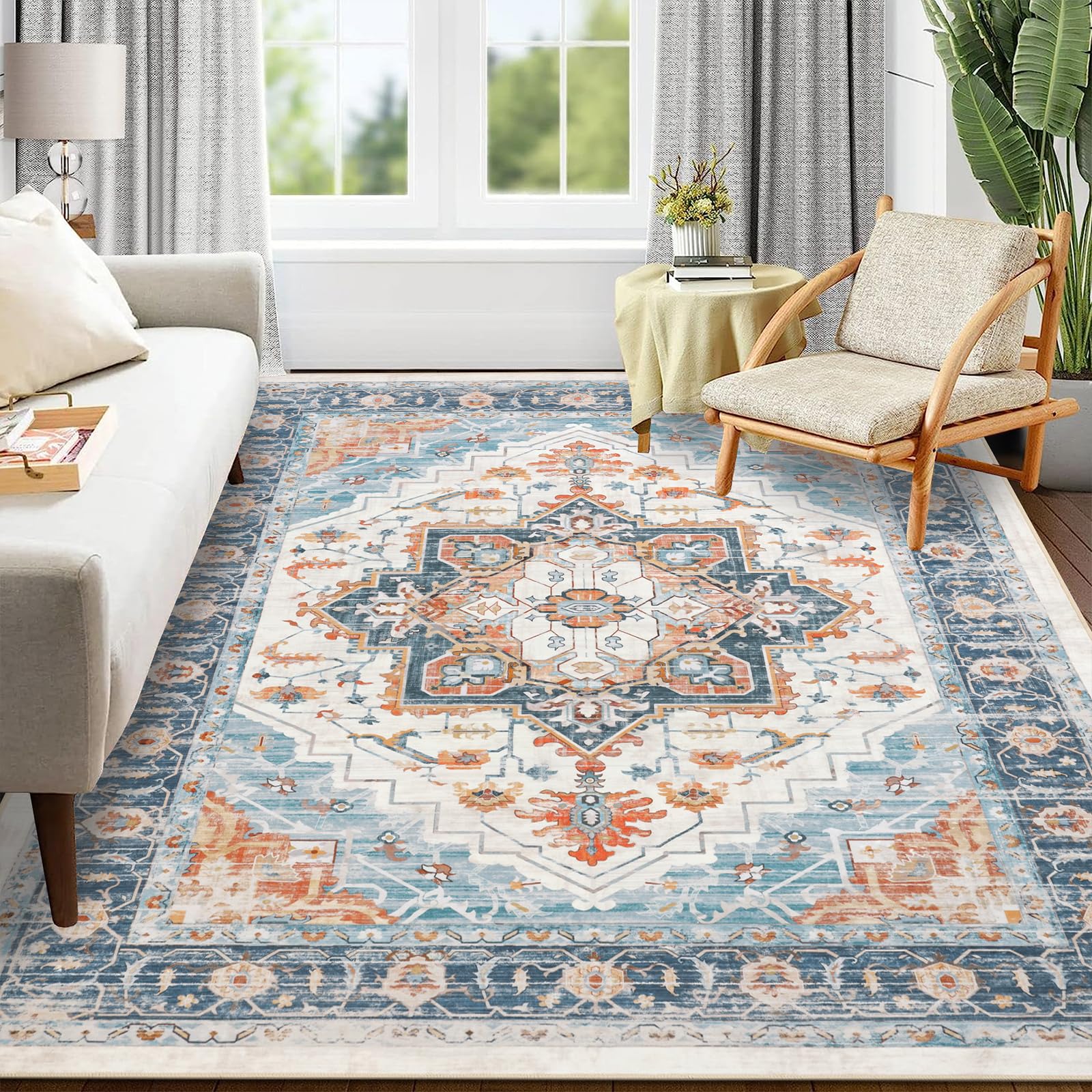 Photo 1 of Pauwer Washable Area Rug 8x10, Large Boho Living Room Area Rugs, Soft Vintage Bedroom Rug Carpet, Non Slip Low-Pile Distressed Accent Rug for Dining Room Entryway Dorm, Blue