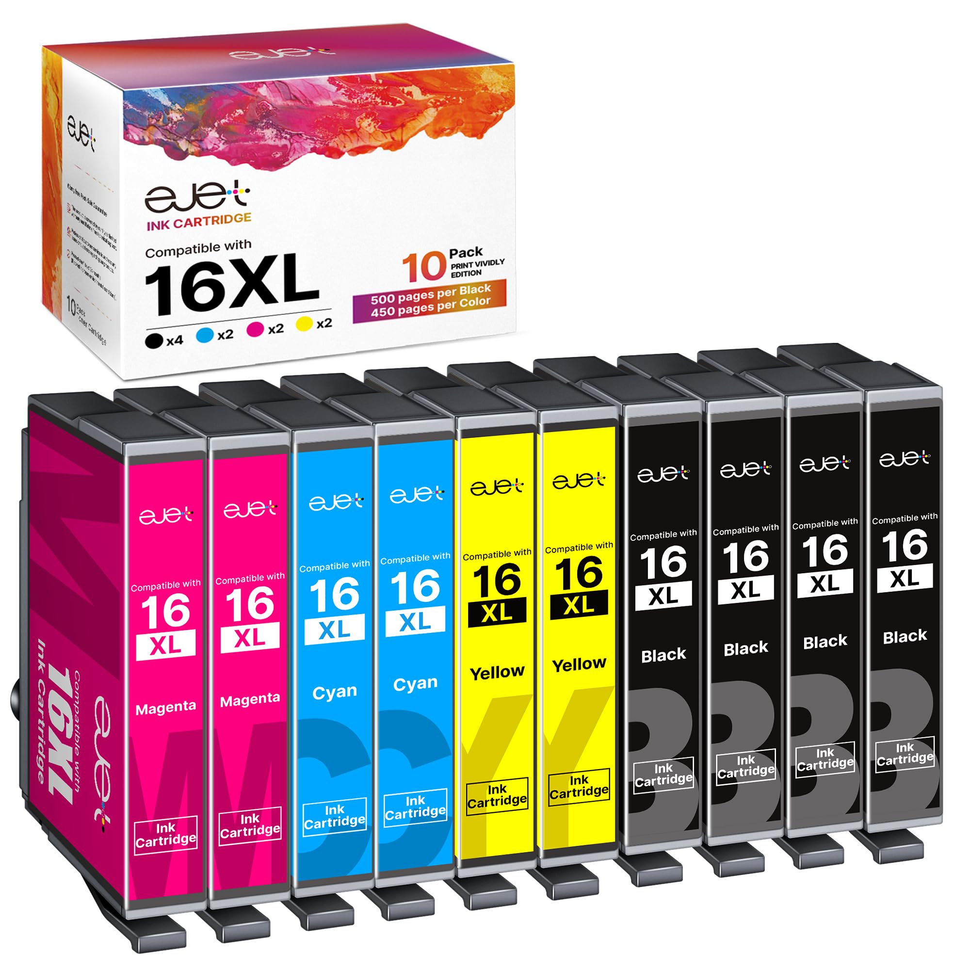 ejet 10-Pack 16XL Ink Cartridges Multipack Replacement for Epson 16XL for Epson Workforce WF2750 WF2630 WF-2750 WF-2630 WF-2650 WF-2510 WF-2540 (4 Black 2 Cyan 2 Magenta 2 Yellow)