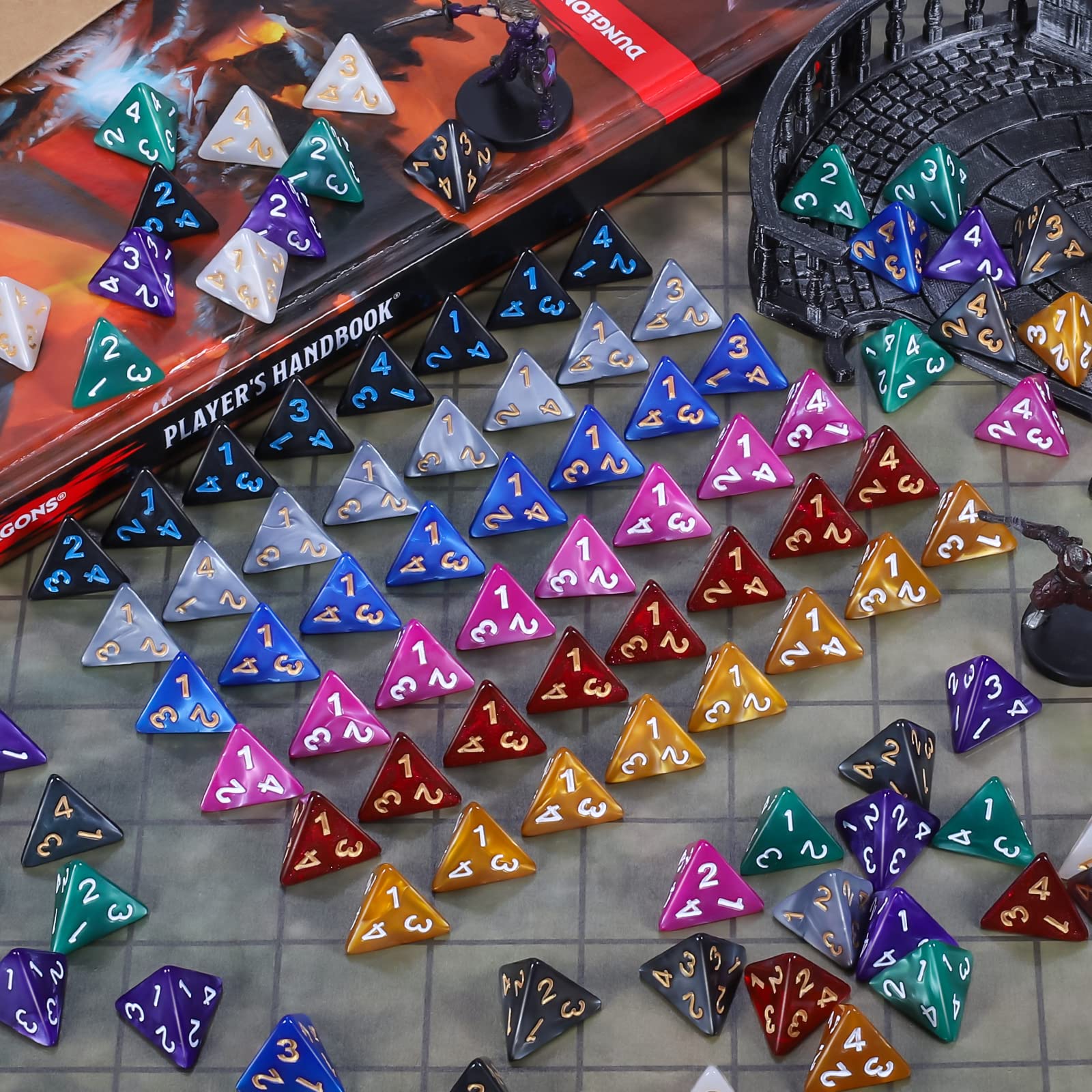 CiaraQ DND Polyhedral Dice (100pcs) with A Dice Bag Compatible with Dungeons and Dragons DND RPG MTG Role Playing Table Games (D4 dice, 10 colors-100 pcs)