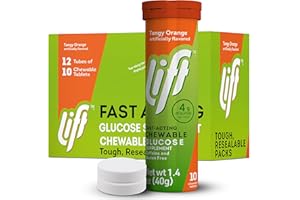Lift Glucose Fast-Acting Glucose Chewable Energy Tablets, Orange, 10 ct Tube (Pack of 12)