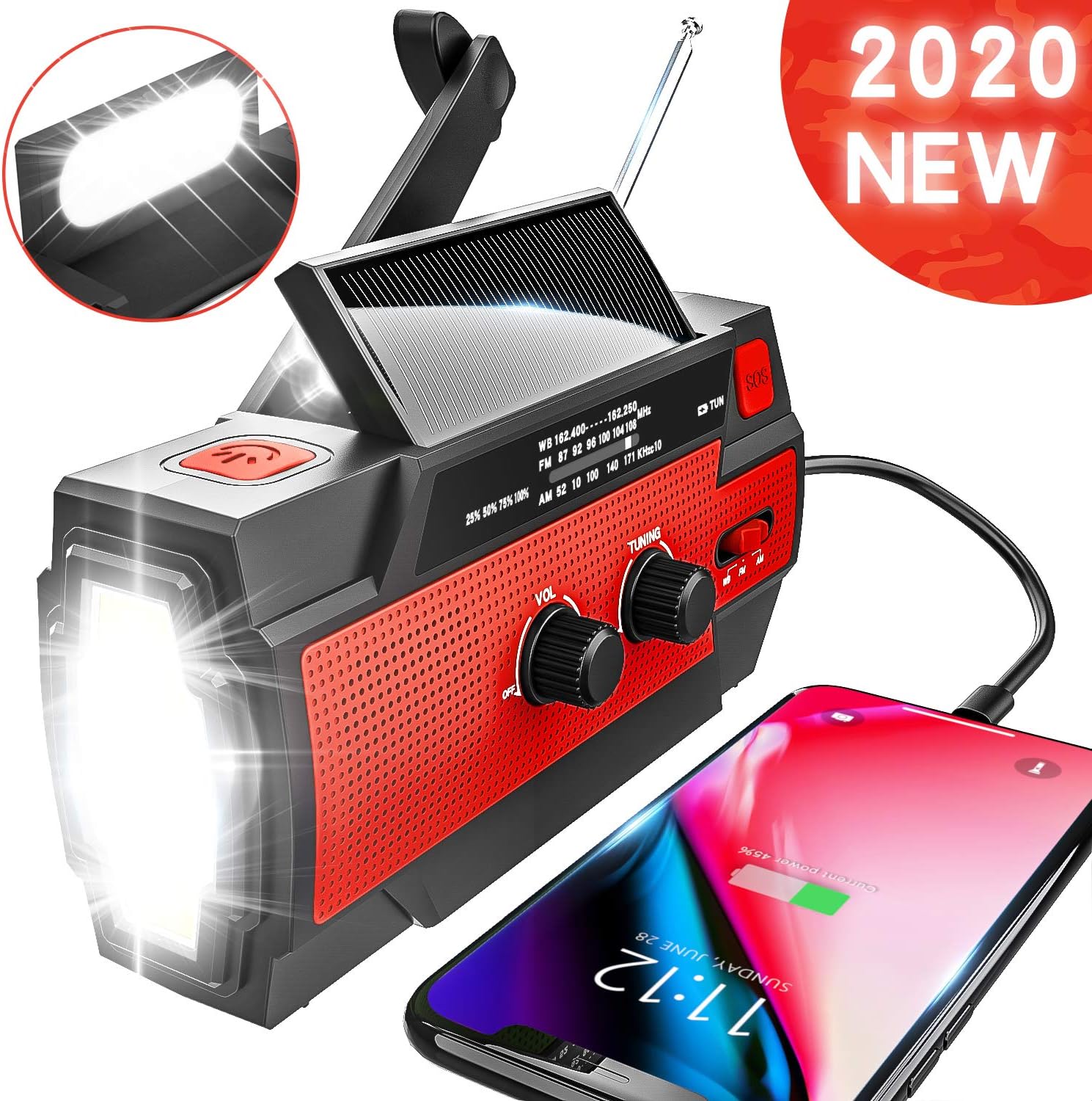 Emergency Radio Hand Crank Solar, 4000mAh Portable Weather Radio, NOAA Weather Radio, Outdoor Radio with Flashlight & Motion Sensor Reading Lamp, Solar Cell Phone Charger, SOS Alarm(Red): Home Audio & Theater