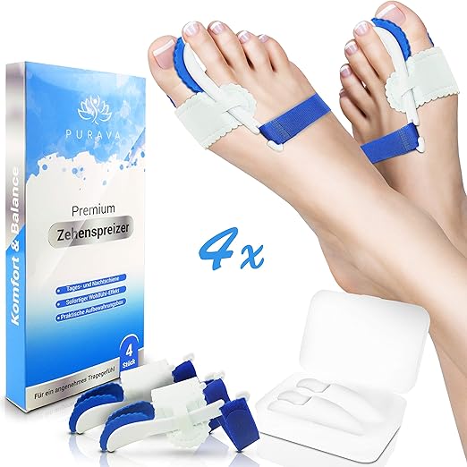 PURAVA® [4x] Hallux Valgus Zehenspreizer - Ideal für Tag & Nacht - Inklusive hygienischer Transportbox - Optimaler Tragekomfo