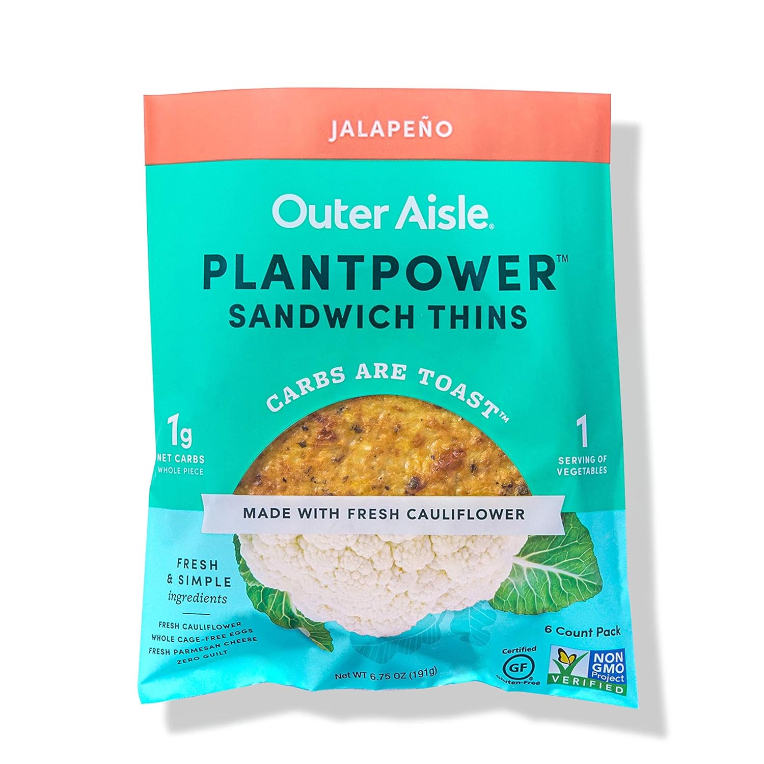Outer Aisle Gourmet Cauliflower Sandwich Thins | Keto, Gluten Free, Low Carb & Paleo | Jalapeno 5-Packs