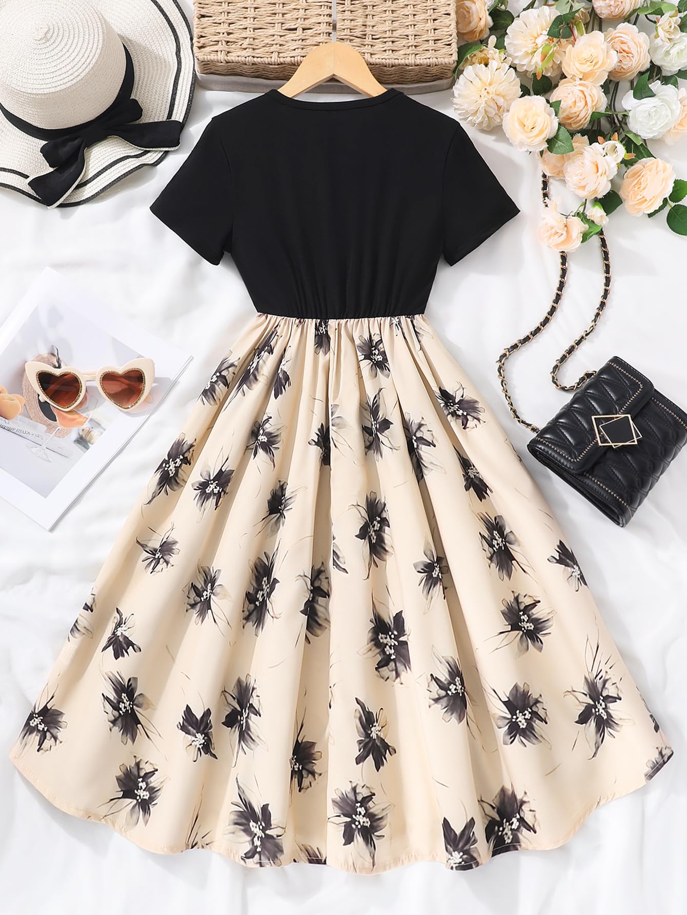 New 8-14Years Girls Elegant Dress Short Sleeve A-Line Floral Midi Party Special Occasion