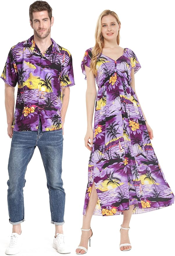 Couple Matching Hawaiian Luau Aloha Shirt Maxi Rahee Dress in Wispy Cereus Light Blue at Amazon 