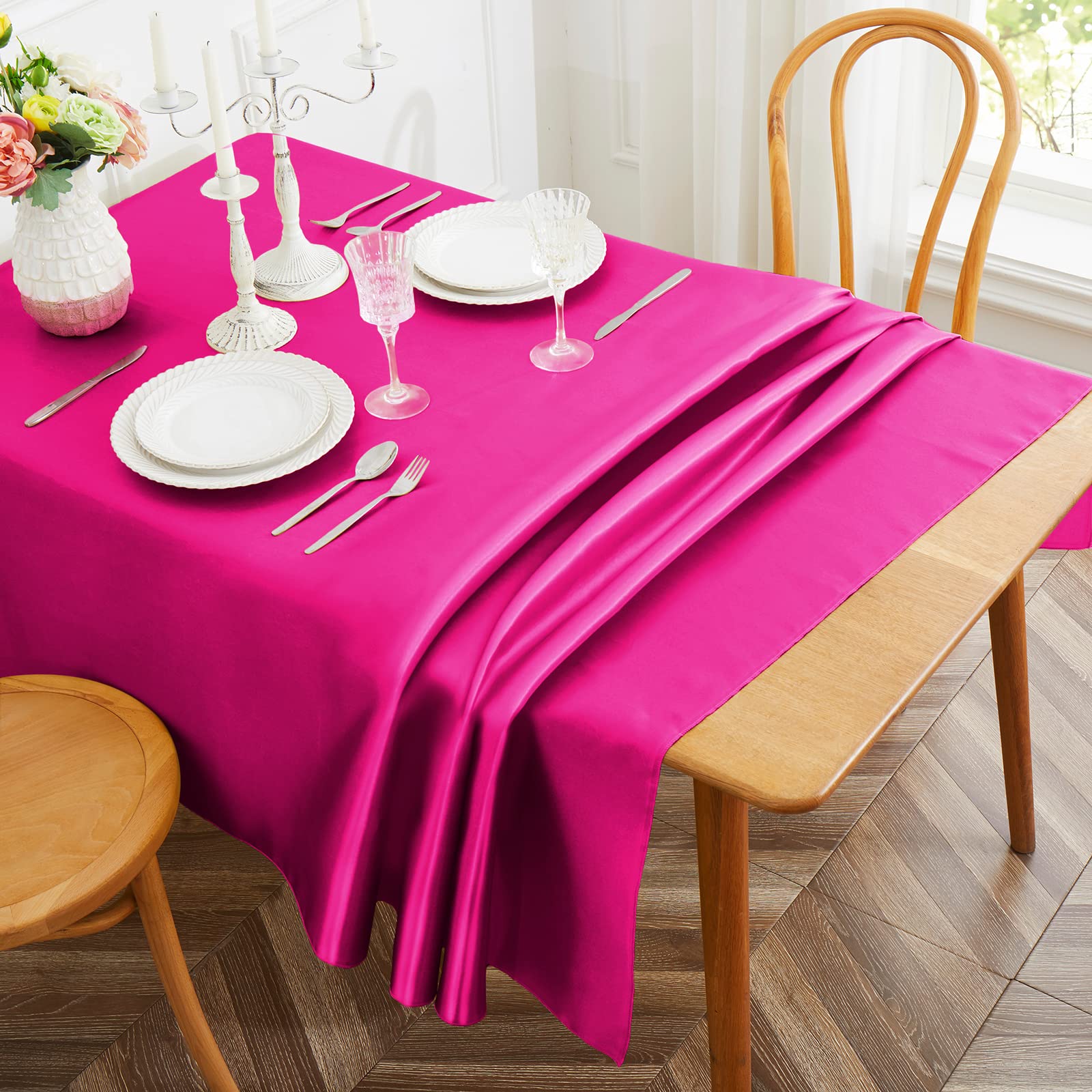 Photo 1 of Cobedzy 1 Pack Hot Pink Satin Tablecloth, 58 x 102 Inches Rectangle Hot Pink Table Cover, Smooth Fabric Satin Table Cloths,Luxury Silk Tablecloth for Party Wedding Dinner Restaurant