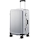 Checked Luggage with Spinner Wheels, 8010S Aluminum Frame Zipperless Polycarbonate Hard Shell Suitcase (ZX-Core, Silver, 24 Inch)