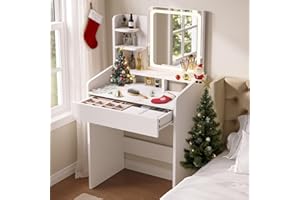 Dowinx Makeup Small Vanity Desk with Mirror and Lights, Makeup Vanity with Drawer & Storage Shelves, Makeup Desk with 3 Lighting Modes & Adjustable Brightness, Dressing Table for Women Girls Bedroom
