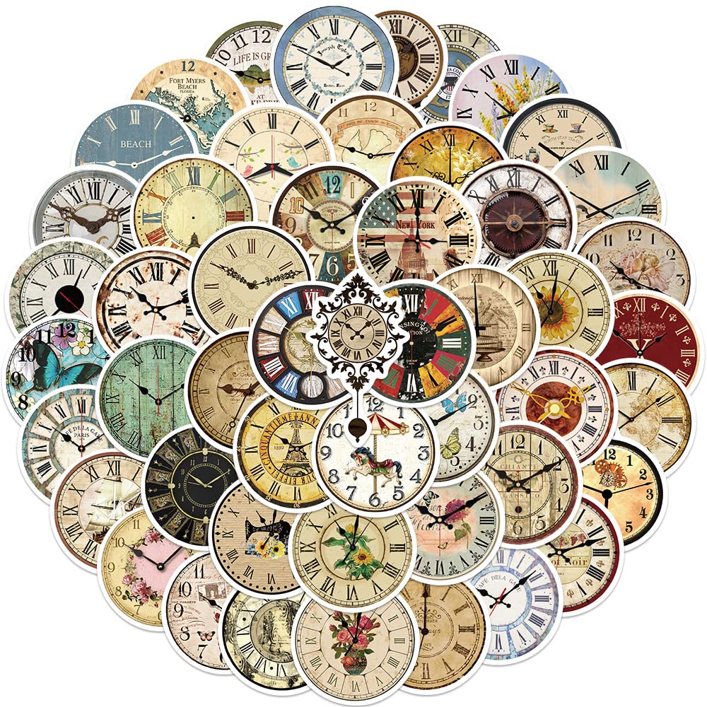 50Pcs Retro Clocks Stickers Laptop Car Scrapbook Phone Skateboard Suitcase Luggage Bike Nostalgic Clocks Stickers Vinyl Waterproof Aesthetic Personalised Stickers for Teens Boys Girls Adults Children