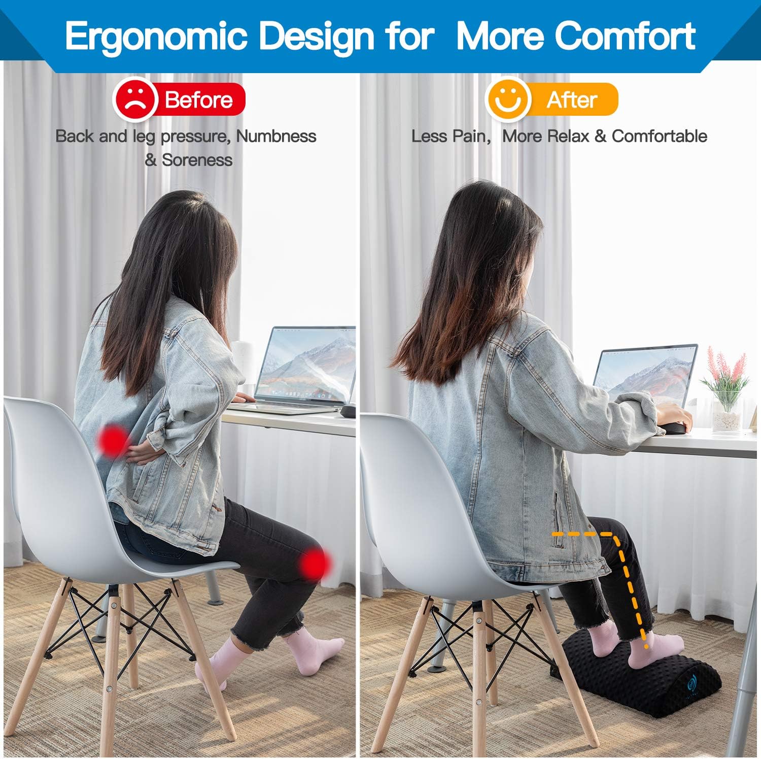 HUANUO Under Desk Foot Rest - Ergonomic Footrest with 2 Optional Covers Massage Textured Surface & Non-Slip Micro Beads for Airplane, Travel, Ergonomic Foot Stool Cushion : Office Products