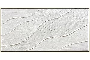 GeekMacro White Hand Painted Abstract Oil Painting Textured Wall Art - Large Framed 58x29 Minimalist Artwork Living Room Bedroom Horizontal Wall Decor