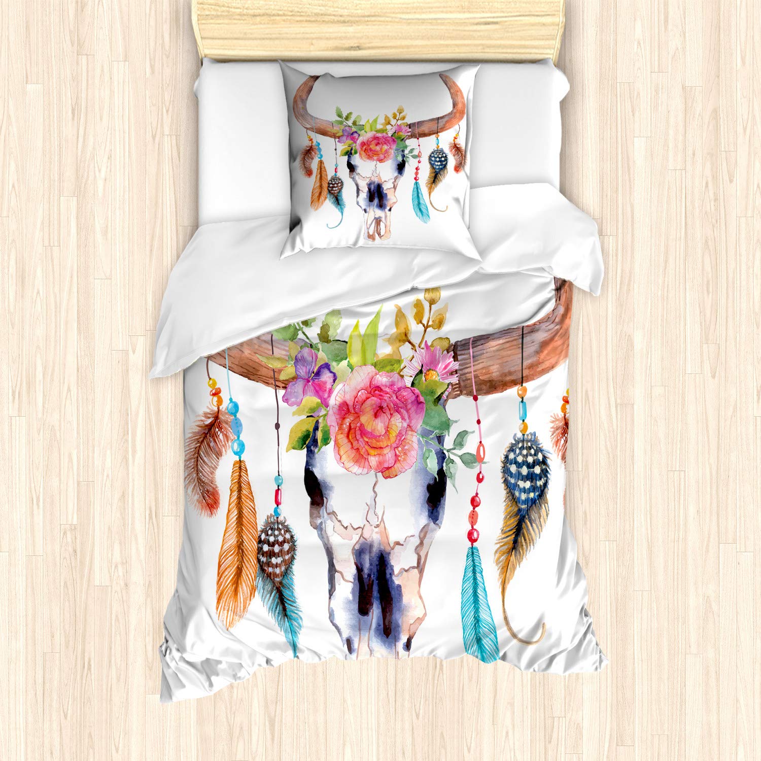 ABAKUHAUS Watercolor Fitted Sheet, Bull Skull Boho Plant, Decorative 2 Piece Bedding Set with 1 Pillow Sham, 135 cm x 200 cm - 80 x 80 cm, Multicolor