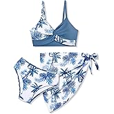 Girls Swimsuit, Bathing Suits 3 Piece Tropical Floral Twist Cross Bikini Sets Girls' Swimwear with Cover Up Skirt 7-16T