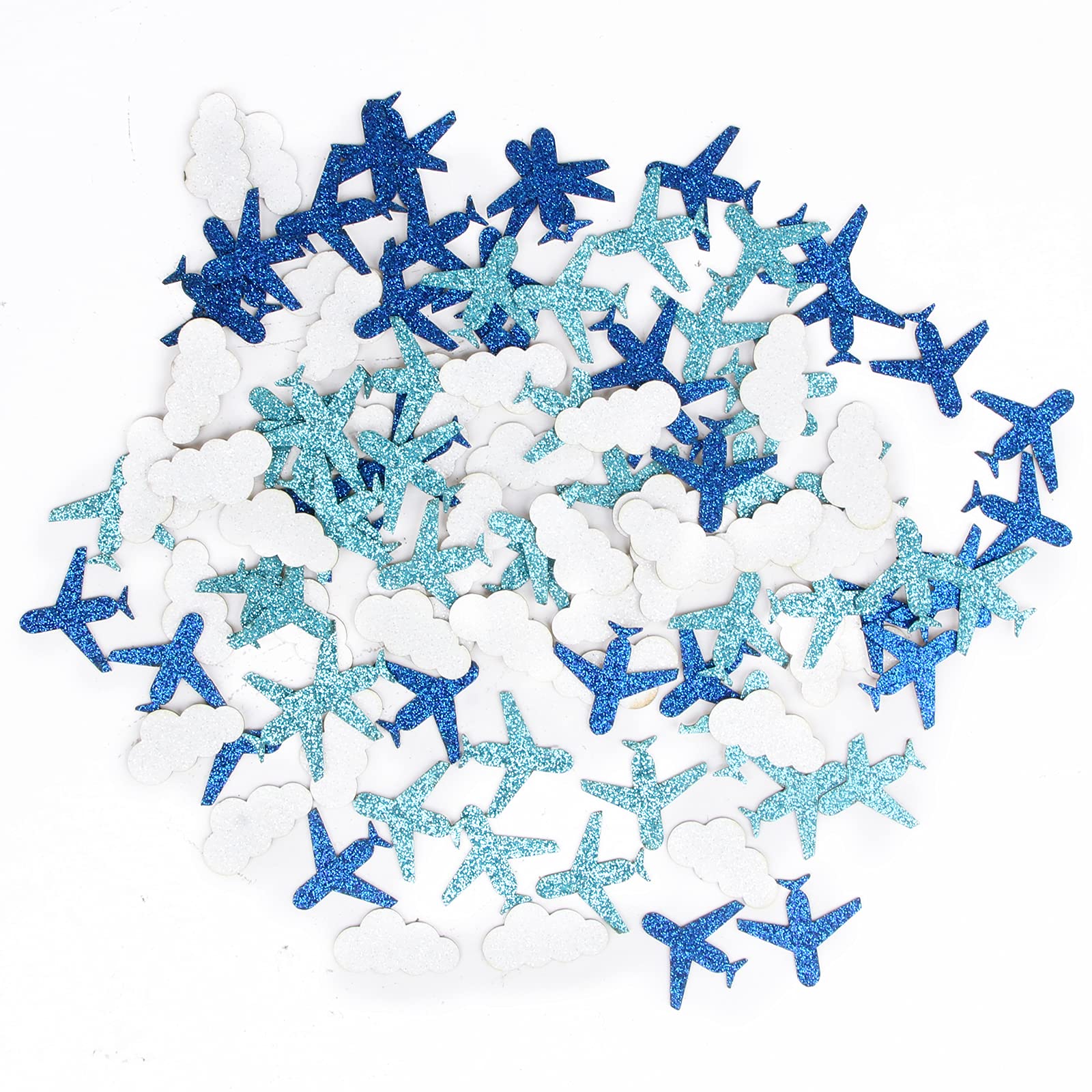 Photo 1 of 100pcs Glitter Cloud & Airplane Confetti, Plane Table Confetti, Baby Shower Party Decor, Boy Birthday Party Decorations, Clould Paper Scatter - Blue & White
