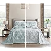 HZ & HY Oversized King Bedspread 138x122 Extra Wide, Jacquard Matelasse Damask Pattern Design, Lightweight, Reversible, 5 Piece, 100% Microfiber, California/Alaskan King, Green