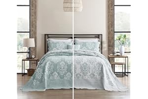 HZ & HY Oversized King Bedspread 138x122 Extra Wide, Jacquard Matelasse Damask Pattern Design, Lightweight, Reversible, 5 Piece, 100% Microfiber, California/Alaskan King, Green