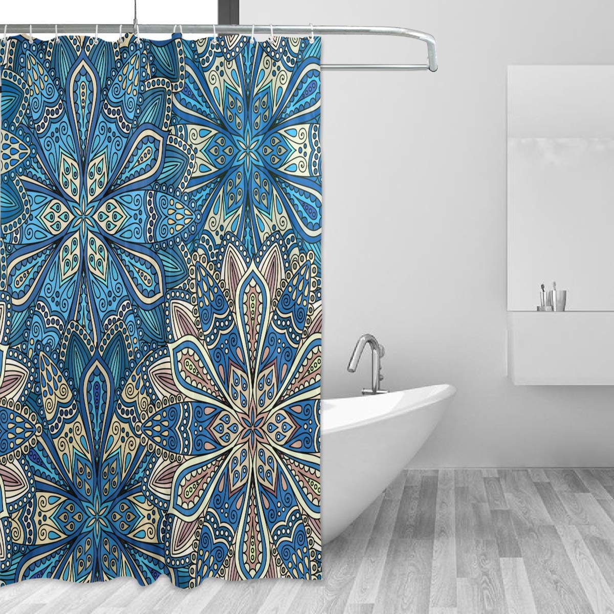 ALAZA Shower Curtain Fabric, Boho Chic Flower Geometric Blue Bathroom Waterproof Polyester Curtains Accessories With Hooks For Home Decorative (153cm x 183cm)