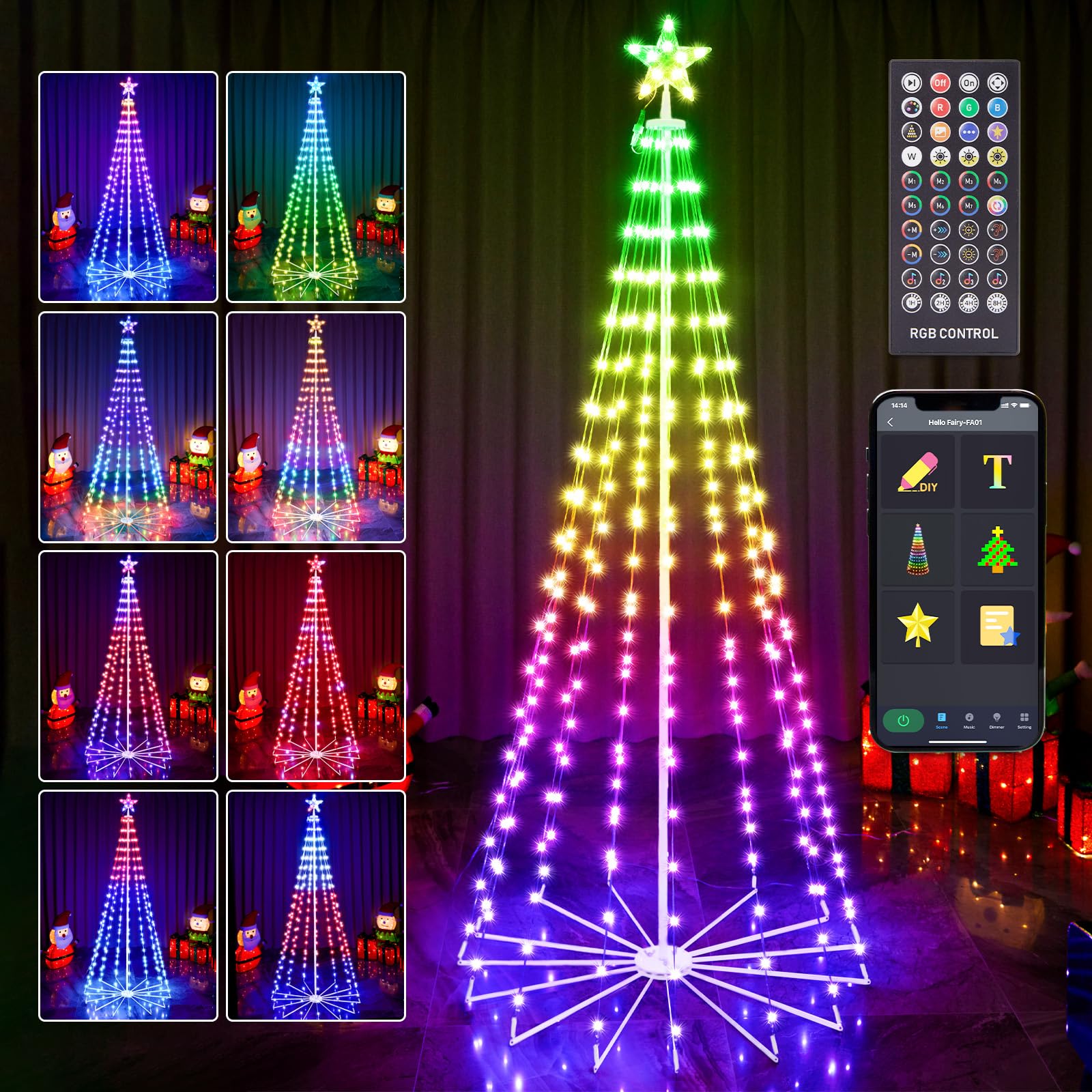 Photo 1 of HOLILLUMA 7FT Outdoor Christmas Tree, RGB Color Changing Prelit Smart Cone Christmas Tree with Lights, App&Remote Control, DIY Multi-Color Lightshow with Music Sync, Christmas New Year Decoration