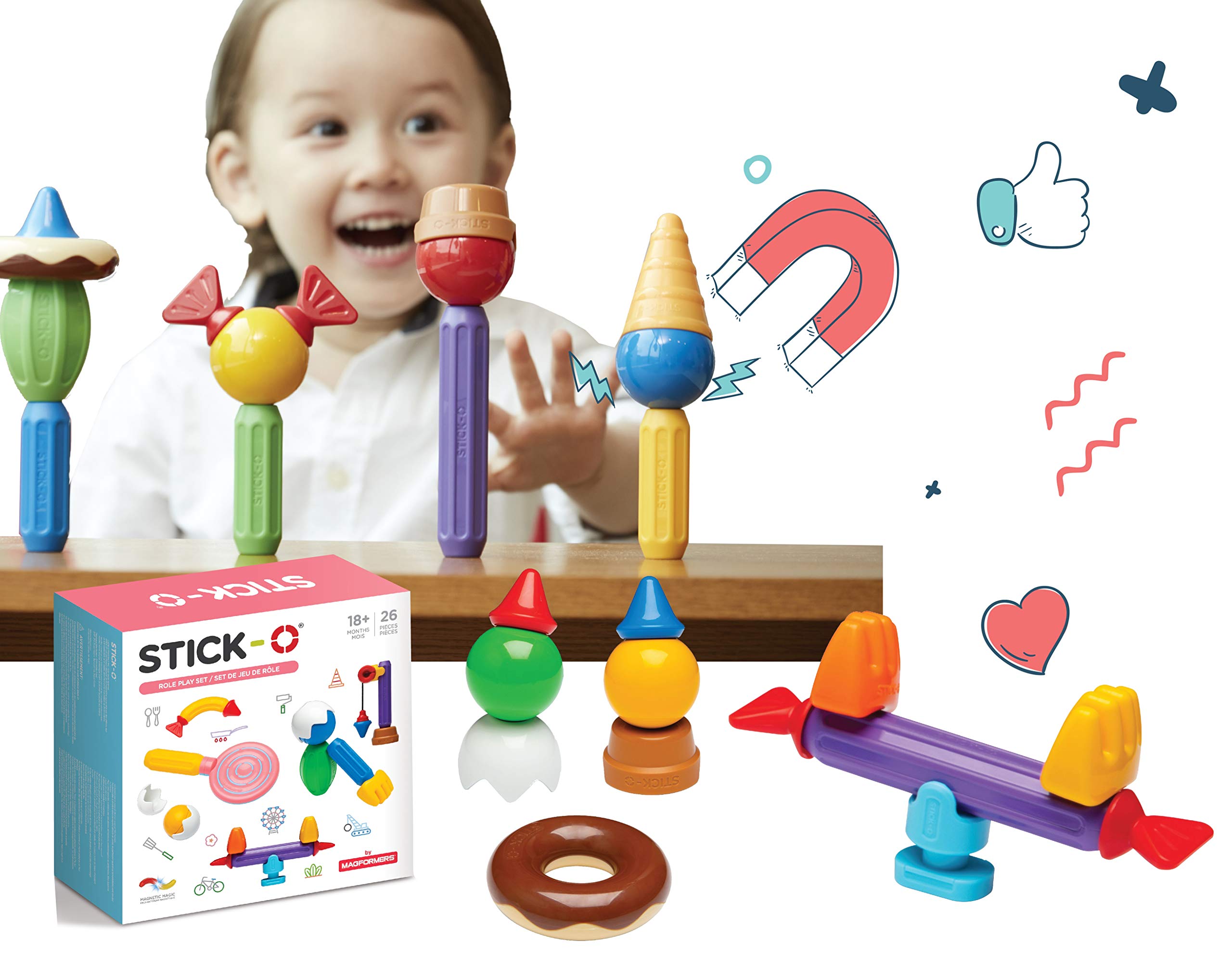Stick-O Magnetic Building Blocks for Children from 1 Year, Creative Construction Toy, Educational Toy with Magnet, Role Play Set for Girls and Boys, Montessori Toy, 26 Piece Set,