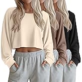 Velvelhall 3 Pack Women's Cropped Long Sleeve Tops Boat Neck Loose Fit T-Shirts Oversized Drop Shoulder Casual Basic Tees(Black, Coffee, Apricot,Medium)