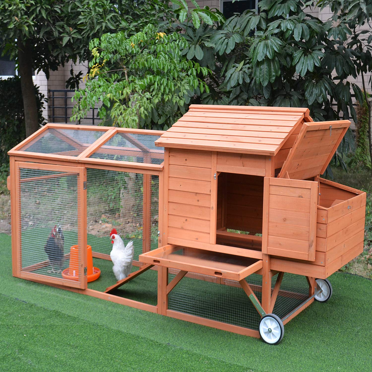 Pawhut 98 Portable Wooden Chicken Coop With Wheels Outdoor Run And Nesting Box