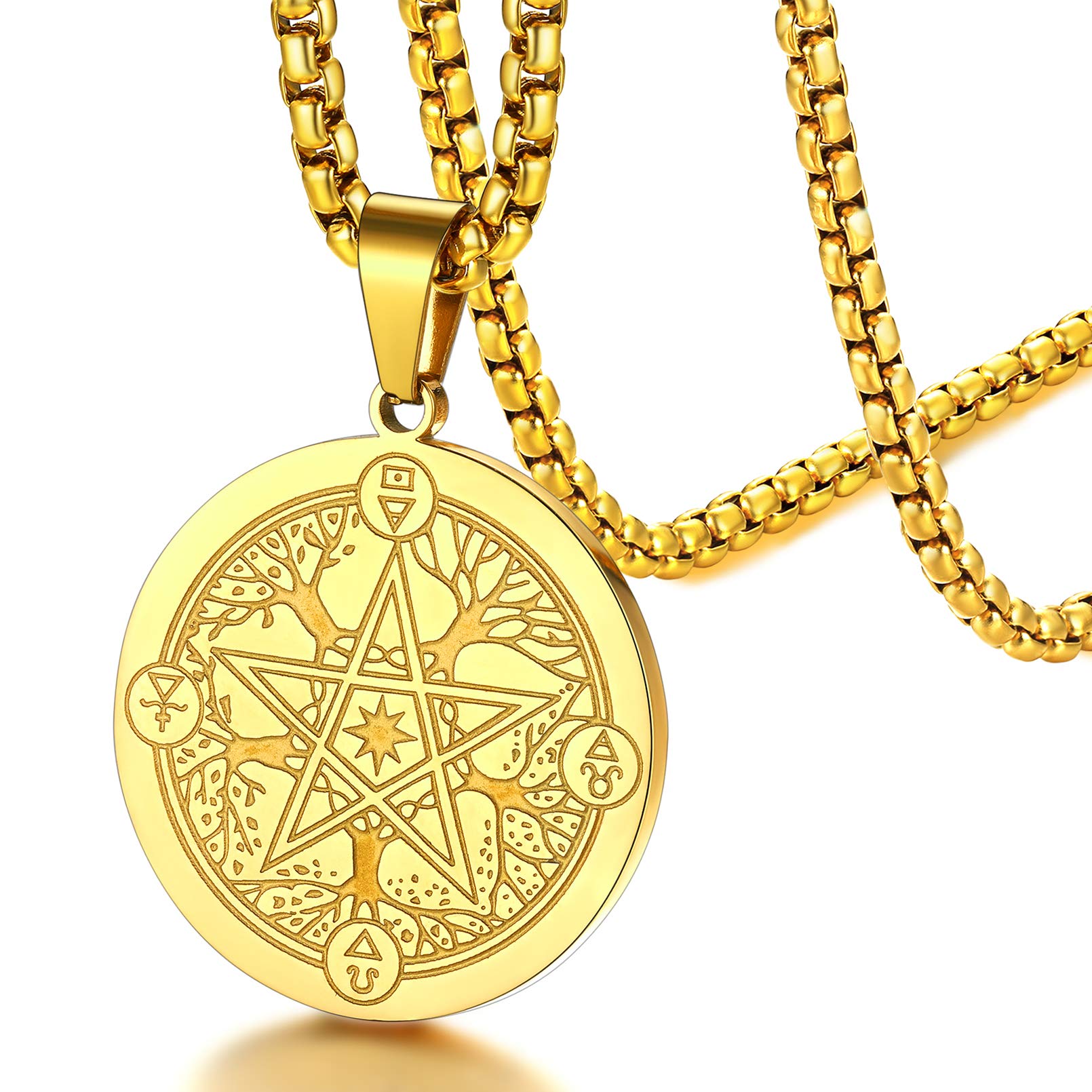 FaithHeart Elemental Seasons Necklace Pentacle Pentagram Pendant Wicca Jewellery Gold Plated Womens Neck Chain Stainless Steel Necklaces for Sisters Mother