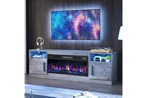 PRETZI Fireplace TV Stand with 36" Fireplace Up to 80" TVs,70" Entertainment Center with LED Lights,Remote Control,TV Media Console with Storage Cabinets for Living Room, Gray