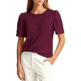 PRETTYGARDEN Embroidered Eyelet Tops for Women Summer Blouses Dressy Casual 2026 Spring Work Teacher Puff Short Sleeve Shirts