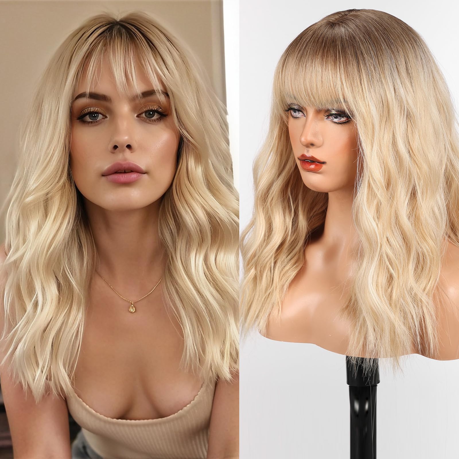 WOKESTAR Long Wig with Fringe Synthetic Wavy Wigs for Women Blonde with Highlights Color — image 1