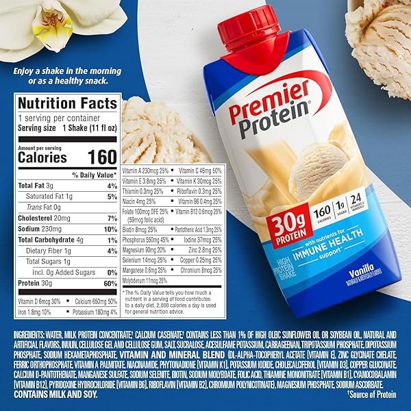 PREMIER PROTEIN SHAKE, VANILLA, 30G PROTEIN, NO ADDED SUGAR, 24 VITAMINS & MINERALS TO SUPPORT IMMUNE HEALTH, 11 FL OZ, 12 PACK