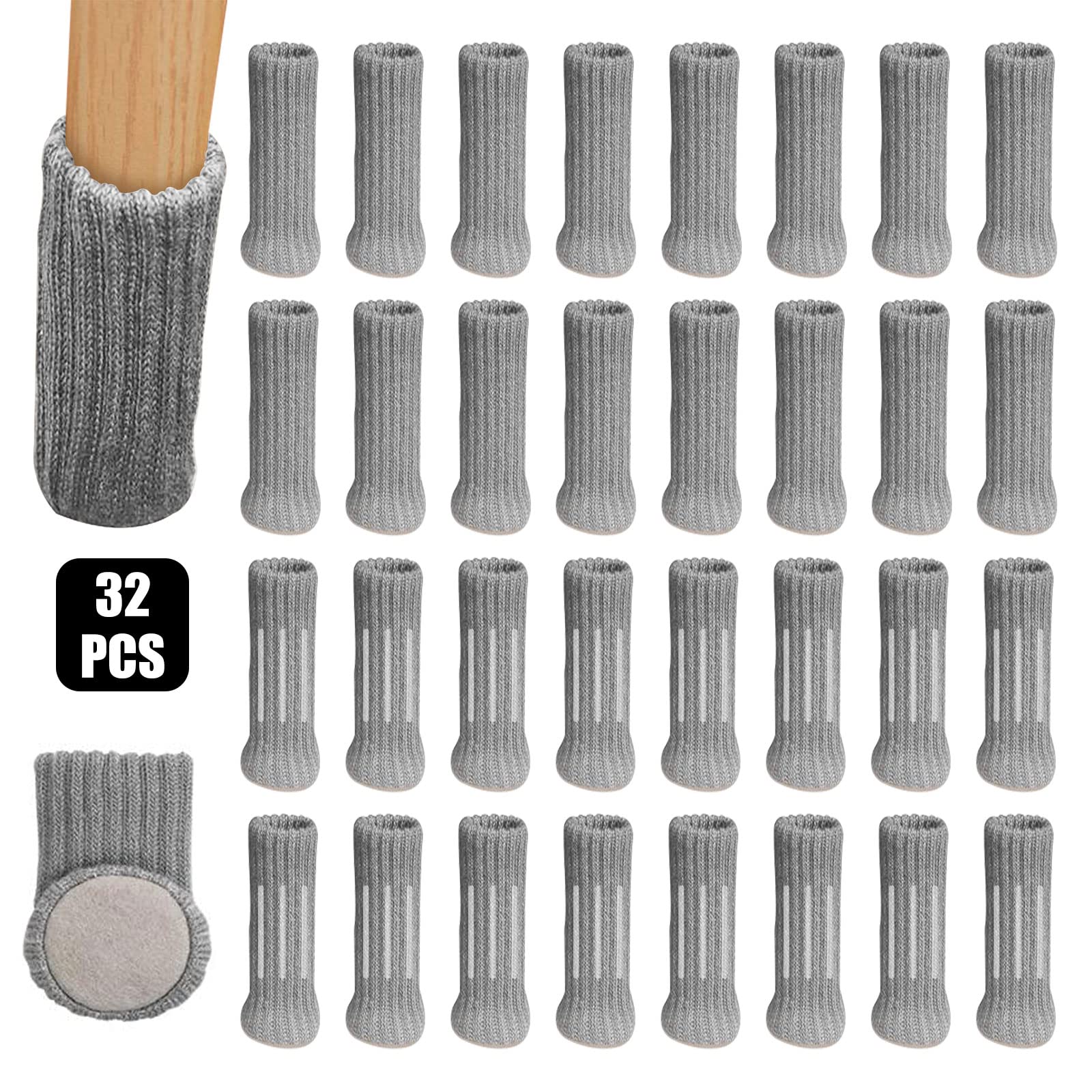 Pack of 32 chair leg socks, furniture leg socks, non-slip, highly elastic knitted furniture socks/chair leg caps with felt gliders for chairs, non-slip pads, chair leg protectors (grey)