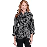 Ali Miles Knit Button Front Tunic Point Collar Three Quarters Sleeves, Black Dot, PL