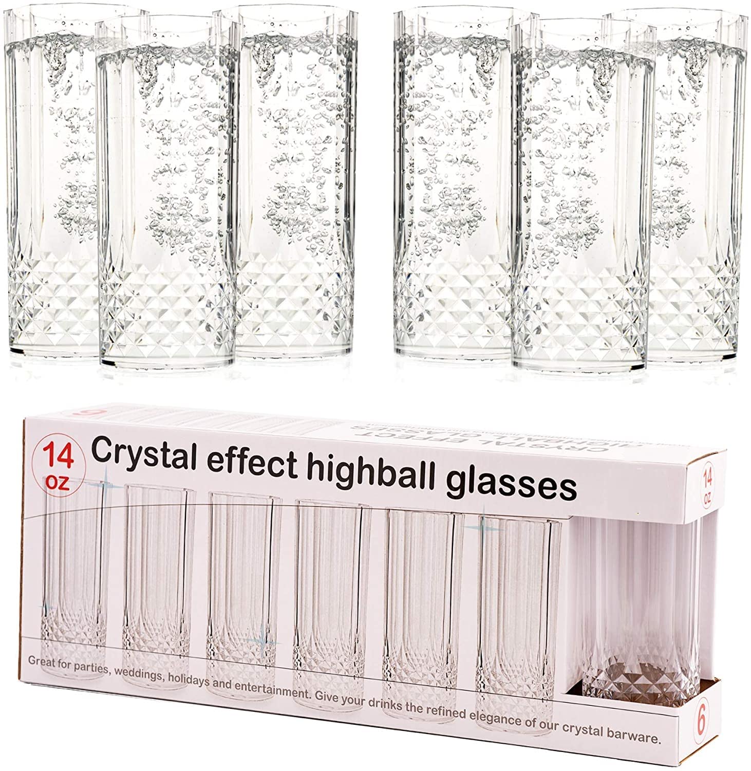 MantraRaj PK6 Clear Crystal Long Drink Glasses - Plastic Highball Whiskey Wine Champagne Flute Glasses Tumblers Drinks Cups Reusable and Durable Perfect for Parties, Weddings, Picnics Barbecues