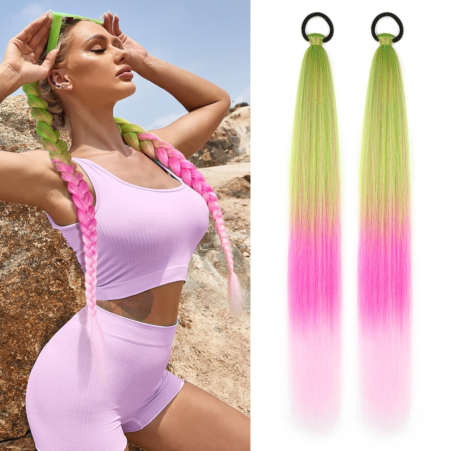 Photo 1 of ***MINOR TANGLES*** 2 Pack Braid Ponytail Extension with Elastic Tie Straight Sleek Wrap Around Braid Ponytail Green Pink Gradient 26 Inch (Green/Rose Pink/Light Pink#)