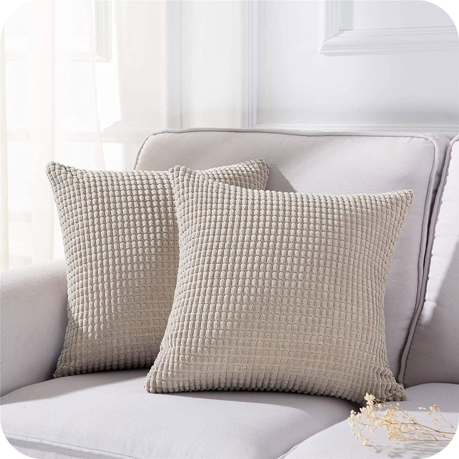 Topfinel Set of 2 Corduroy Soft Big Corn Solid Decorative Square Throw Pillow Covers Cushion Case For Sofa Bedroom 45 x 45 cm 18 x 18 Inch Taupe