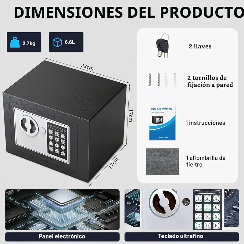 Caja fuerte 6.6L con código electrónico, alta seguridad, compacta, empotrable antirrobo, para hogar/oficina/hotel/coche. Protege joyas, efectivo, armas y otros bienes. Incluye llave.