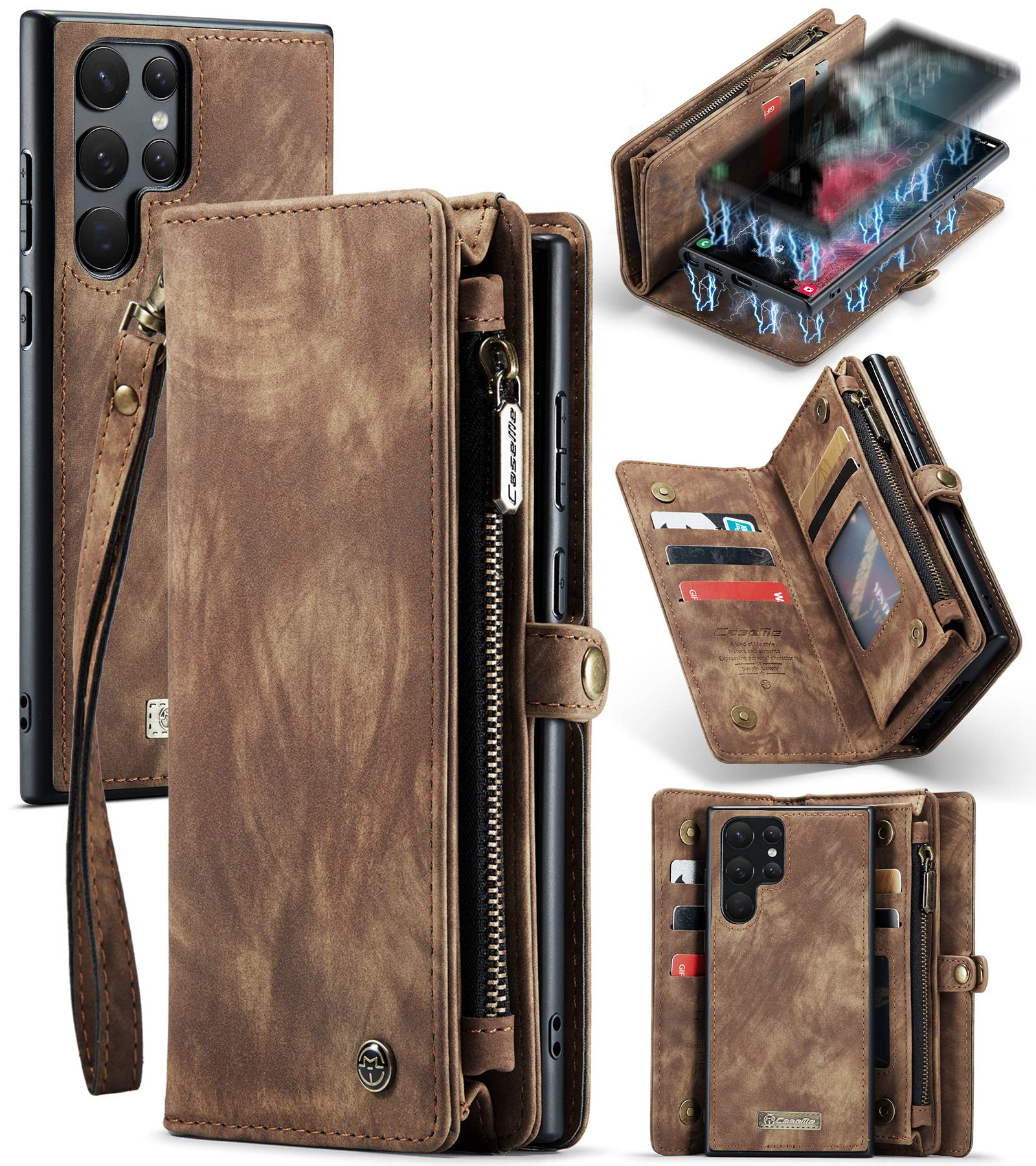 UFinetech 2-in-1 Samsung Galaxy S21 Case Wallet TPU Leather Design Flip Magnetic Card Holder Slot Luxury Zipper 2021 Detachable Stylish Cover Purse Holster for Samsung Galaxy S21 5G Women Men Brown