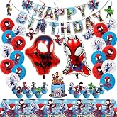 53pcs Spider Birthday Decorations Supplies, Spider Decorations - Cartoon Party Favors with Party Balloons, Foil Balloons, Banner, Cake Topper, Cupcake Toppers, Hanging Swirls &amp; Tablecloth