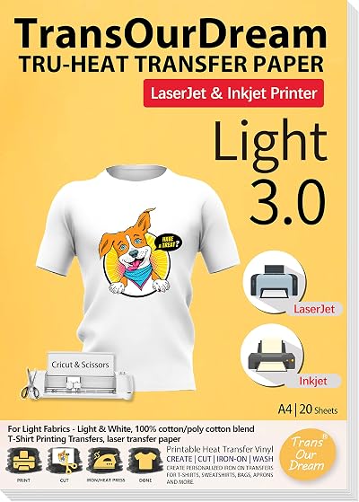TransOurDream Tru-T Shirt Transfer Paper 20 Sheets A4 for Inkjet Laser HTV