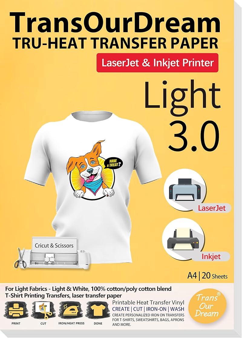 TransOurDream Tru-T Shirt Transfer Paper 20 Sheets A4 for Inkjet Laser HTV