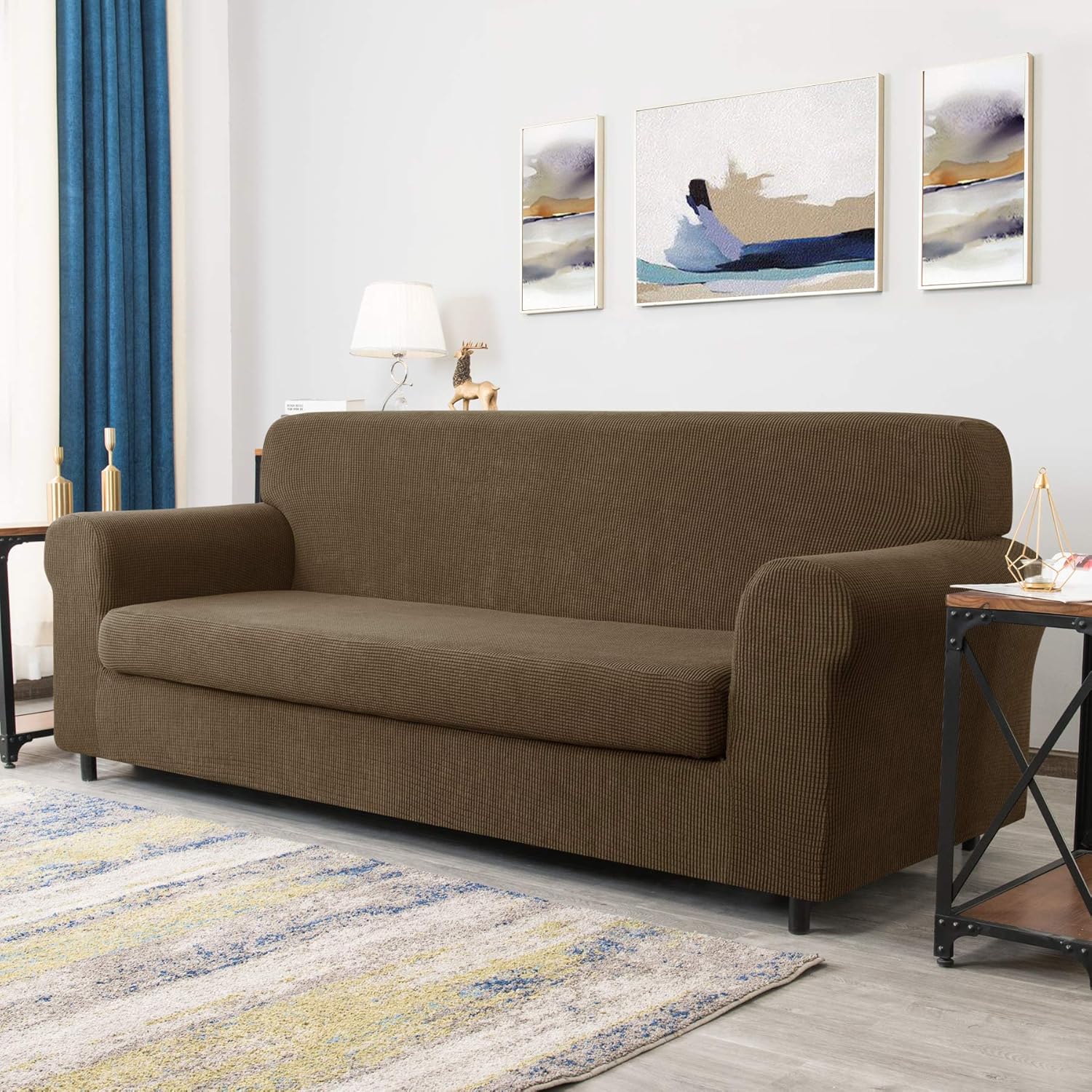 CHUN YI Stretch Sofa Slipcover 2-Piece Couch Cover Furniture Protector, Settee Coat Soft with Elastic Bottom, Checks Spandex Jacquard Fabric, Large, Gray: Furniture & Decor