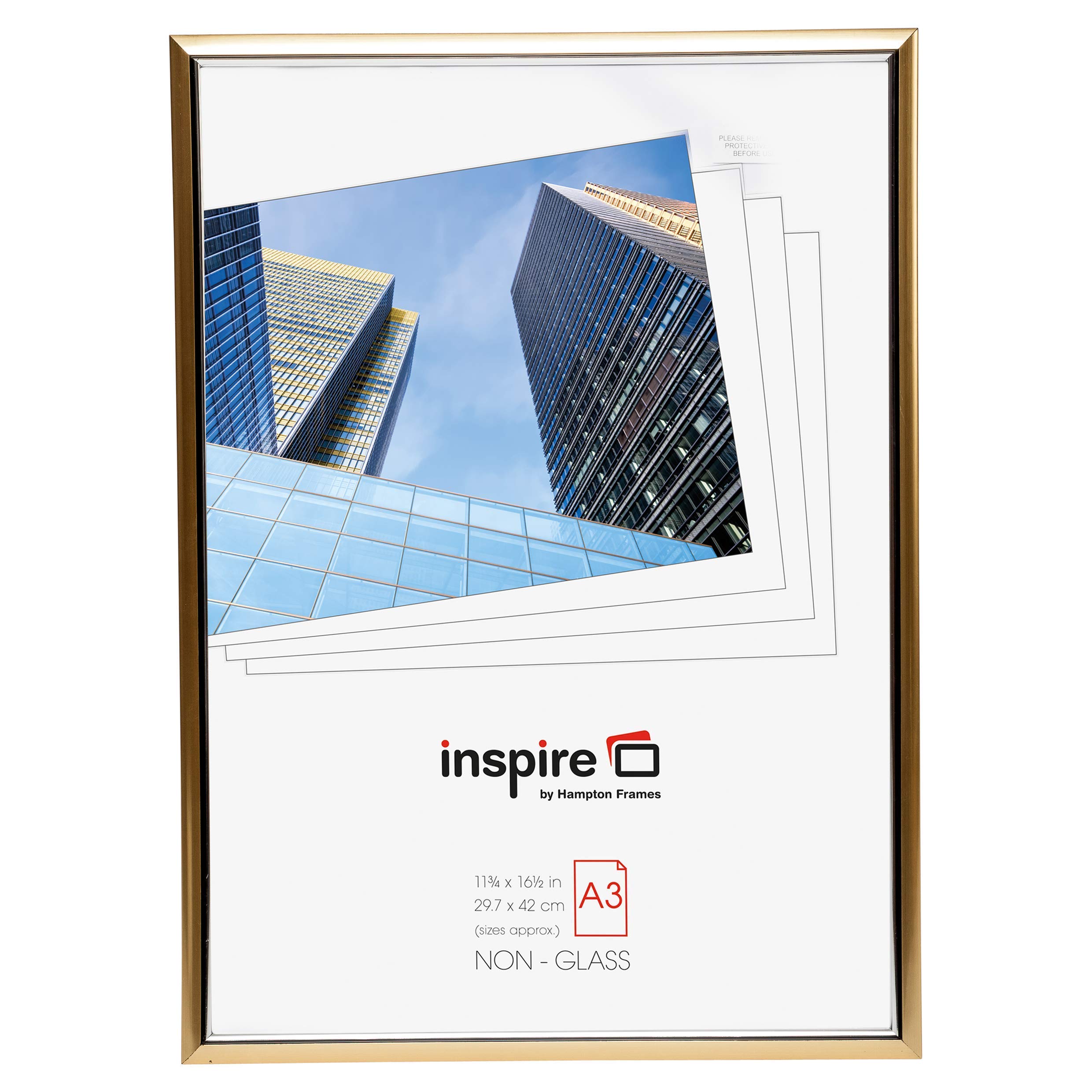 Hampton Frames Photo Frame | A3 (30x42cm), Gold, Rectangular, Plexi Front | Easy Loading, Lightweight, Wall Mount | Display for Certificates, Photos, Posters