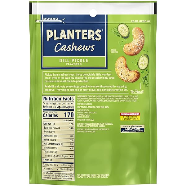 PLANTERS DILL PICKLE CASHEWS, WHOLE CASHEWS, INDIVIDUAL NUTS SNACK PACKS, PARTY, PLANT-BASED PROTEIN, SNACK FOR ADULTS, AFTER SCHOOL SNACKS FOR KIDS, FLAVORED CASHEW, KOSHER, 5OZ BAG
