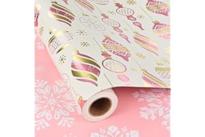 Dlyrroba Reversible Pink Christmas Wrapping Paper Roll - 17 X 236 Inch Per Roll - Vintage Retro Pink Gold Christmas Bells and