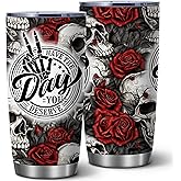 Equoza Skull and Rose 20oz Stainless Steel Tumbler with Lid, Halloween Gothic Finger Skeleton Hand Cup, Double Wall Insulated Travel Coffee Mug, Funny Dark Gift for Men and Women