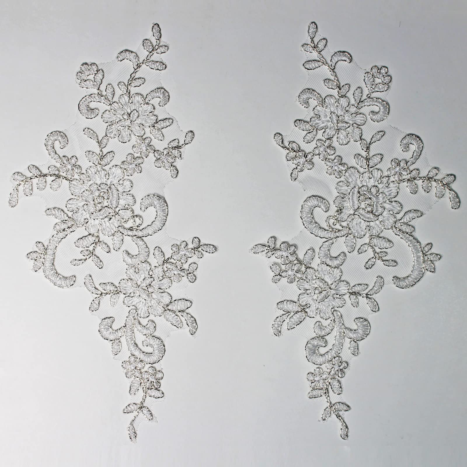 4 X Corded Embroidery Floral Lace Applique Wedding Motif Sew On Size: 25 cm x 12 cm :#39A (Metallic Silver White)