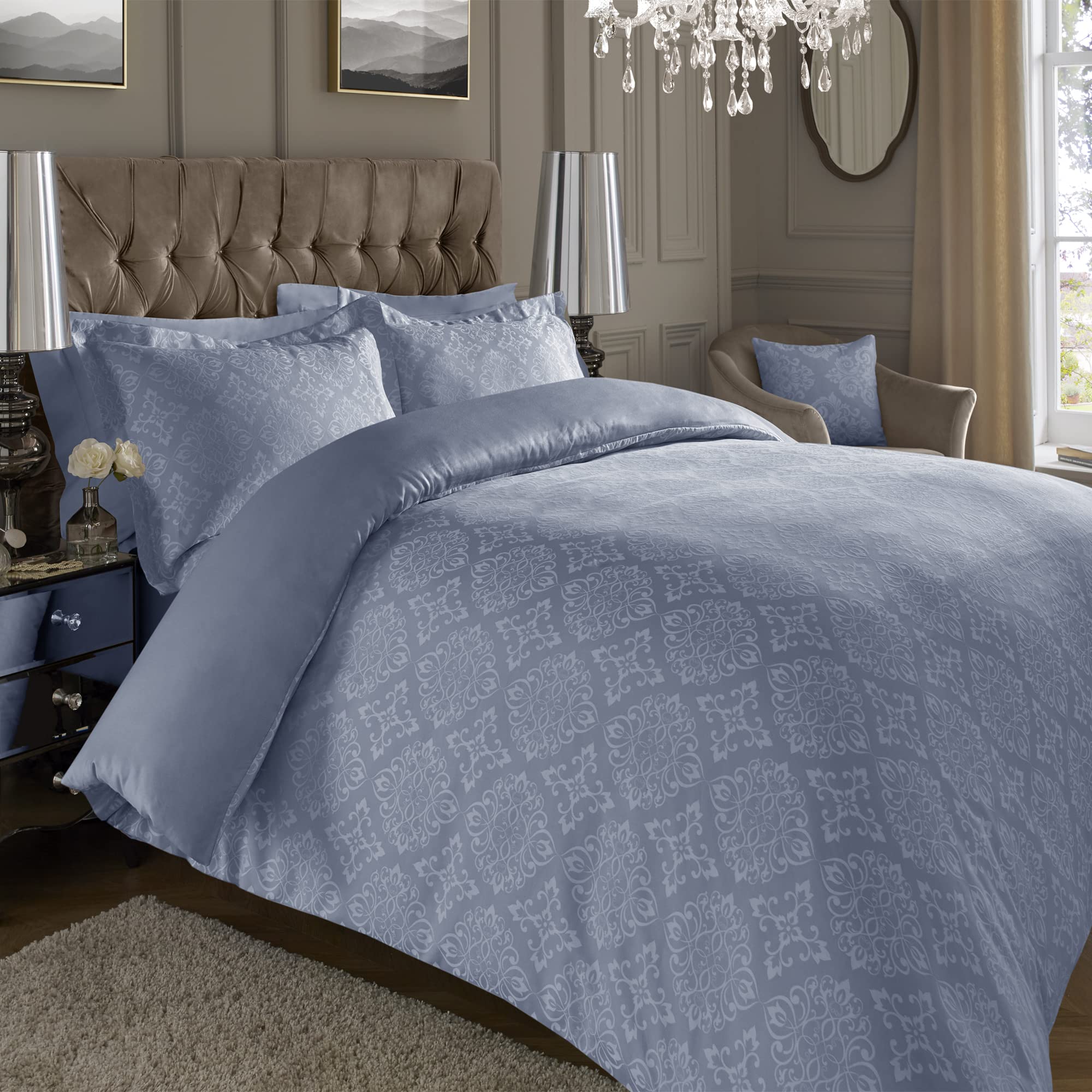 ED Luxury 600 Thread Count Jacquard Duvet Cover 3 Piece Set | Super Soft Cotton Rich & Warm Bedding | Damask Pattern Quilt Cover (Double, Blue Damask)